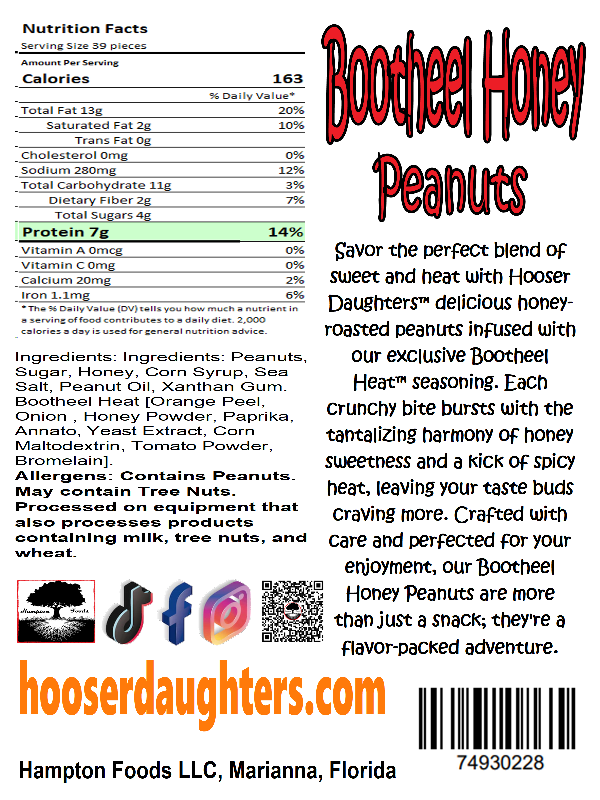 Hooser Daughters™' irresistible snack sensation: Bootheel Honey Peanuts! The perfect blend of sweet-heat with honey-roasted peanuts infused with our exclusive Bootheel Heat™ seasoning. Each crunchy bite bursts with the tantalizing harmony of honey sweetness and a kick of spicy heat, leaving you craving more. 