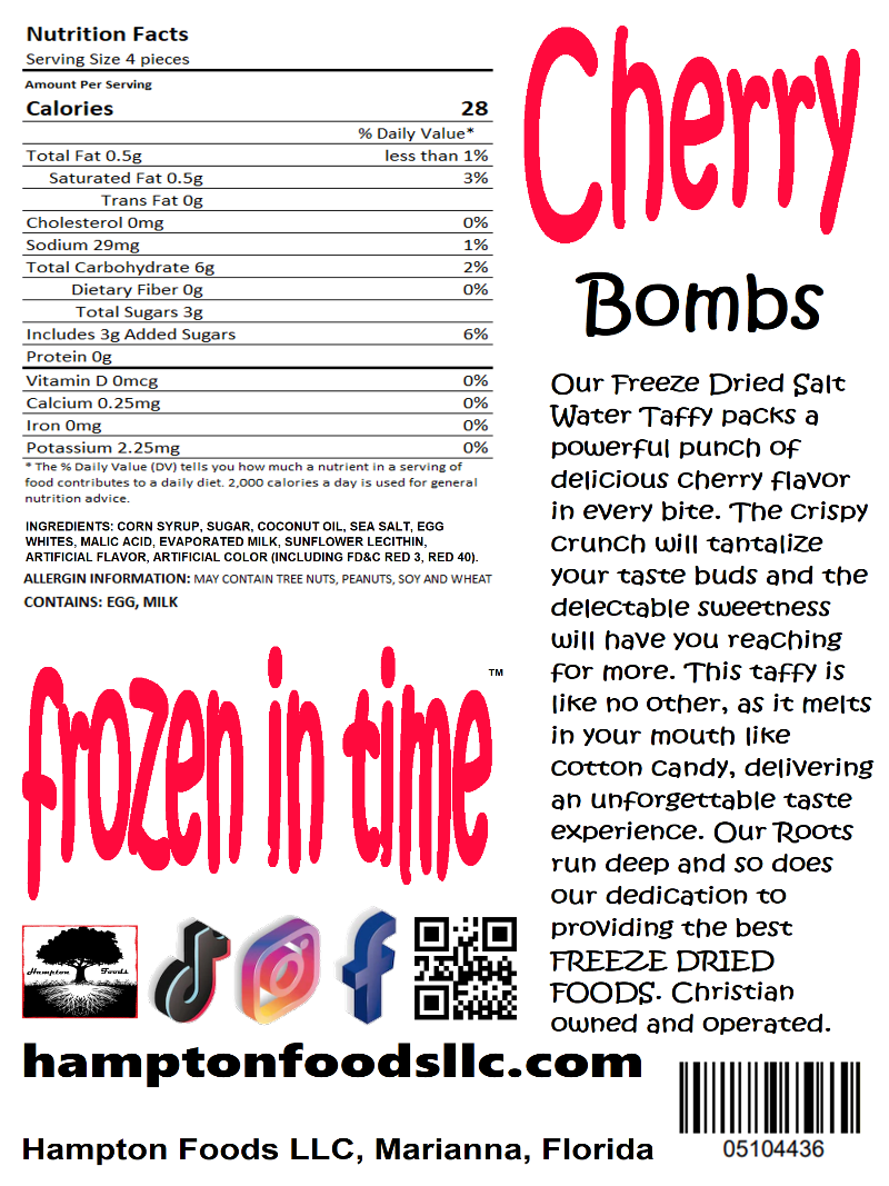 Introducing the ultimate treat for cherry lovers - Cherry Bombs from Hampton Foods! Our Freeze Dried Salt Water Taffy packs a powerful punch of delicious cherry flavor in every bite. The crispy crunch will tantalize your taste buds and the delectable sweetness will have you reaching for more. 