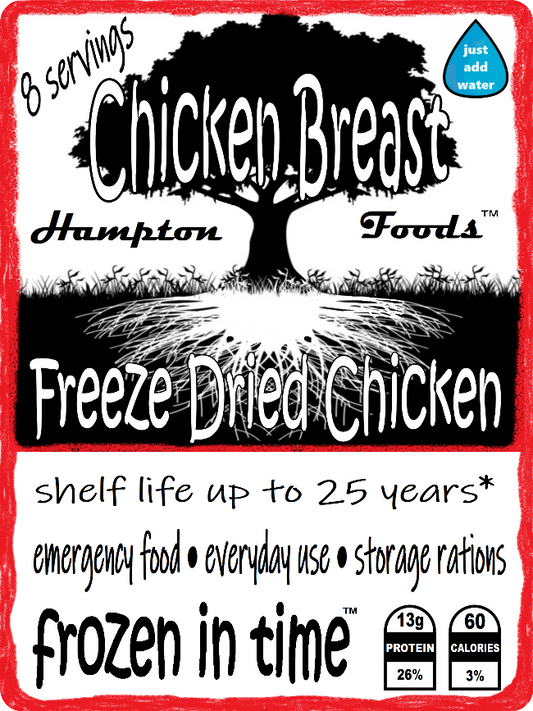 Hampton Foods' Premium Freeze-Dried Chunk Chicken Breast! Are you ready to elevate your dining experience, whether you're on-the-go or at home? Look no further than Hampton Foods' Freeze-Dried Chunk Chicken Breast – the perfect solution for emergency rations, everyday use, hiking, camping, and hunting adventures!