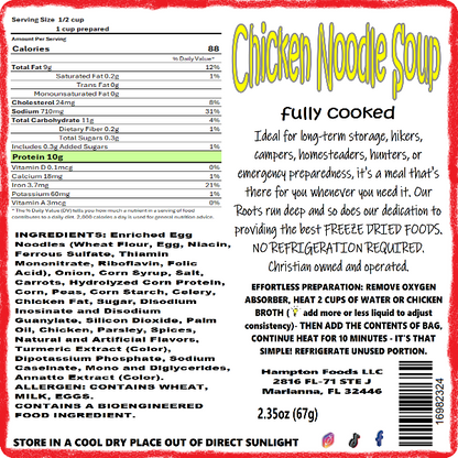 Hampton Foods Freeze Dried Chicken Noodle Soup. Homemade Comfort, Your Way: Experience the heartwarming taste of home with Hampton Foods' Freeze Dried Chicken Noodle Soup. Crafted with love, this culinary delight promises a symphony of flavors that transport you to the cozy comforts of a homemade meal.