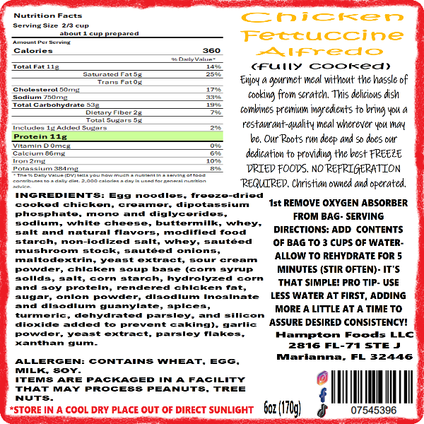 Enjoy a gourmet meal at home with Hampton Foods' Chicken Fettuccine Alfredo. Freeze-dried for freshness and served in a resealable pouch, this creamy, delicious dish is perfect for busy nights and family dinners.