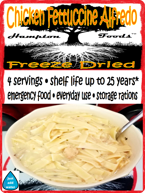 Enjoy a gourmet meal at home with Hampton Foods' Chicken Fettuccine Alfredo. Freeze-dried for freshness and served in a resealable pouch, this creamy, delicious dish is perfect for busy nights and family dinners.