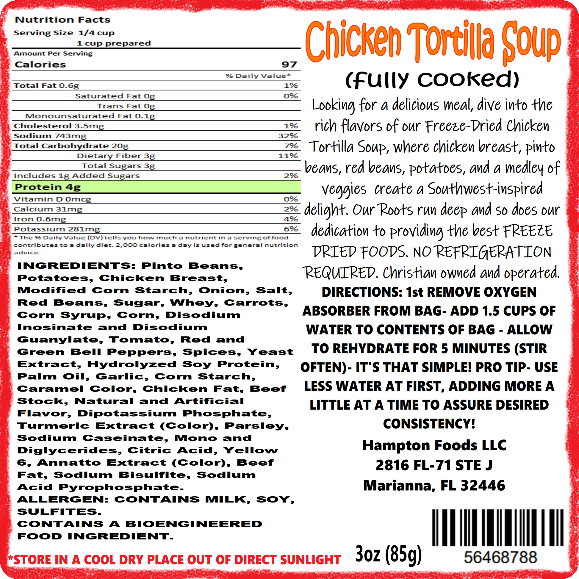 Savor the Outdoors with Hampton Foods' Chicken Tortilla Soup! Dive into the rich flavors of our Freeze-Dried Chicken Tortilla Soup, where real chicken breast, pinto beans, red beans, and a medley of veggies including carrots, corn, red and green bell peppers, onion, and tomato create a Southwest-inspired delight. 