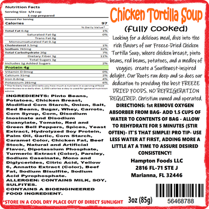 Savor the Outdoors with Hampton Foods' Chicken Tortilla Soup! Dive into the rich flavors of our Freeze-Dried Chicken Tortilla Soup, where real chicken breast, pinto beans, red beans, and a medley of veggies including carrots, corn, red and green bell peppers, onion, and tomato create a Southwest-inspired delight. 