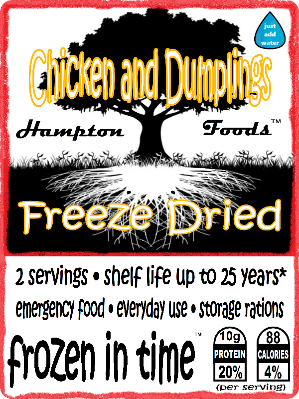 Hampton Foods' Freeze-Dried Chicken and Dumplings! Craving a hearty, home-cooked meal whether you're on-the-go or in the comfort of your own home? The perfect blend of convenience and flavor, wherever your adventures take you. Dive into a warm, savory bowl of Chicken and Dumplings anytime, anywhere. 