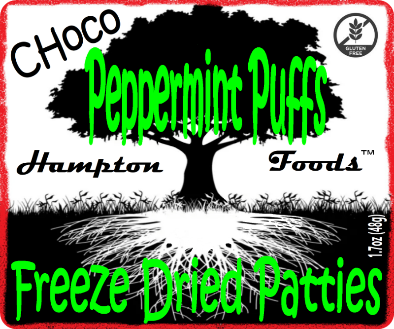 Hampton Foods' Choco Peppermint Puffs! We've taken the beloved peppermint pattie, enriched with dark chocolate and a cool peppermint interior, transforming it into a delightful freeze-dried treat. These delectable patties puff up to perfection, offering a light crunch that promises to elevate your snacking experience. 