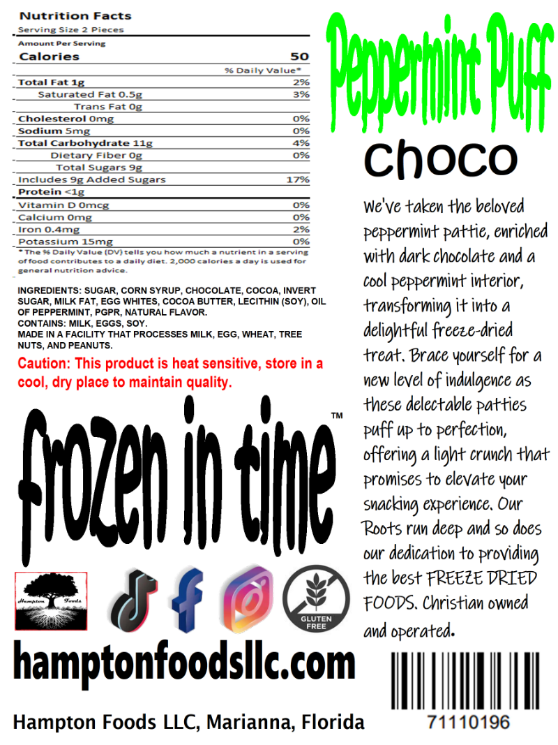 Hampton Foods' Choco Peppermint Puffs! We've taken the beloved peppermint pattie, enriched with dark chocolate and a cool peppermint interior, transforming it into a delightful freeze-dried treat. These delectable patties puff up to perfection, offering a light crunch that promises to elevate your snacking experience. 