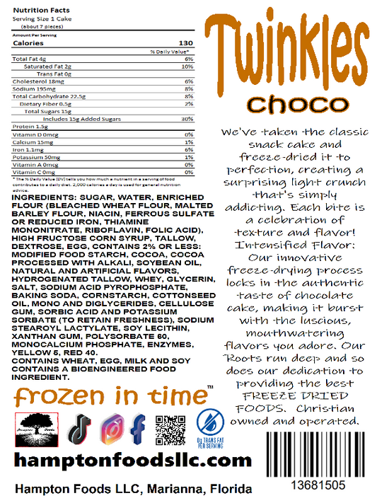 Introducing Twinkles by Hampton Foods! Experience the irresistible crunch of our latest sensation: Twinkles! We've taken the beloved creme-filled chocolate cake and transformed it into a light, crunchy delight with an intense flavor that will have your taste buds dancing with delight. 
