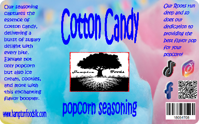Transform popcorn into a carnival delight with Hampton Foods Cotton Candy Popcorn Seasoning. Sweet, magical, and oh-so-addictive! 