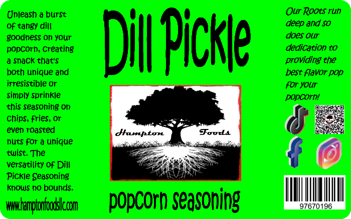 Elevate your popcorn experience with Hampton Foods' – Dill Pickle Popcorn Seasoning! Unleash a burst of tangy dill goodness on your popcorn, creating a snack that's both unique and irresistible. Indulge in the zesty allure of Dill Pickle Popcorn Seasoning from Hampton Foods! #PopcornPerfection #DillPickleDelight