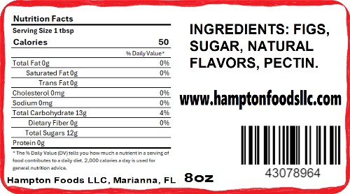 Indulge in the rich taste of Hampton Foods' Family Recipe Fig Jam, available in a 8oz jar. Perfect for toast, cheese boards, and pastries. Order now!