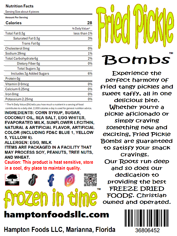 Introducing the irresistible delight of Hampton Foods' creation: Fried Pickle Bombs! Prepare your taste buds for a flavor explosion like never before. These gourmet saltwater taffy treats undergo a unique freeze-drying process, resulting in a tantalizing blend of crispy texture and mouthwatering melt-in-your-mouth goodness.