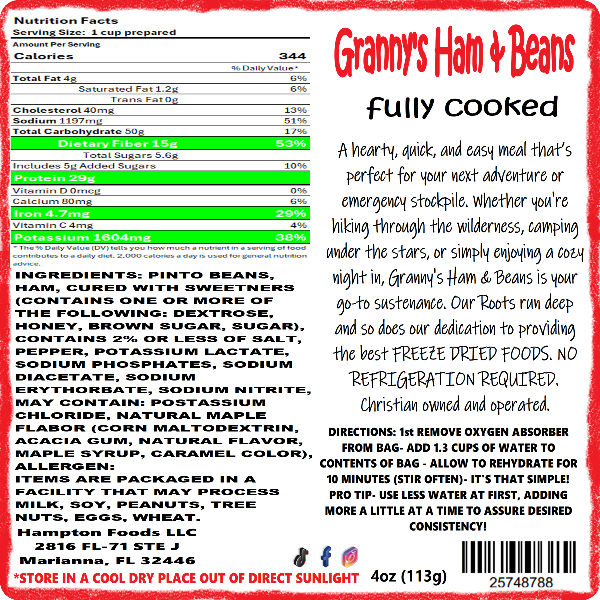 Granny's Ham & Beans by Hampton Foods is a freeze-dried meal perfect for hikers, hunters, campers, and emergency preparedness. Made with pinto beans and sweet-cured ham, it's ready in minutes and has a 25-year shelf life. Convenient resealable bag can double as a bowl.