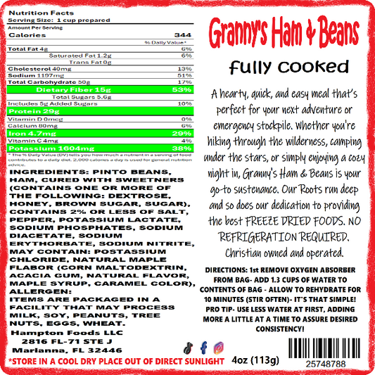 Granny's Ham & Beans by Hampton Foods is a freeze-dried meal perfect for hikers, hunters, campers, and emergency preparedness. Made with pinto beans and sweet-cured ham, it's ready in minutes and has a 25-year shelf life. Convenient resealable bag can double as a bowl.