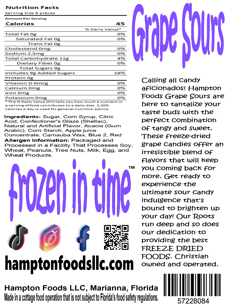 Discover the tangy and sweet delight of Hampton Foods Grape Sours! Indulge in the perfect blend of flavors with these freeze-dried grape candies. Ideal for candy enthusiasts of all ages. Get your sour candy fix today!