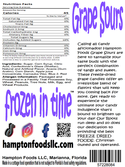 Discover the tangy and sweet delight of Hampton Foods Grape Sours! Indulge in the perfect blend of flavors with these freeze-dried grape candies. Ideal for candy enthusiasts of all ages. Get your sour candy fix today!