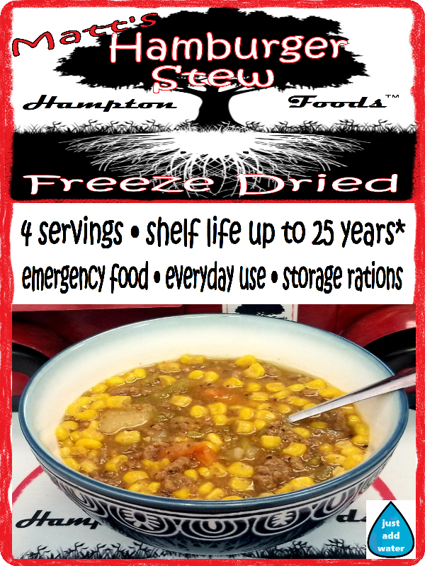 Enjoy the delicious taste of Matt's Hamburger Stew, a hearty freeze-dried meal with ground beef, sweet corn, potatoes, green beans, and carrots. Perfect for trail meals, home-cooked lunches, or long-term storage with a 25-year shelf life. Convenient resealable bags in 2 and 4 servings.