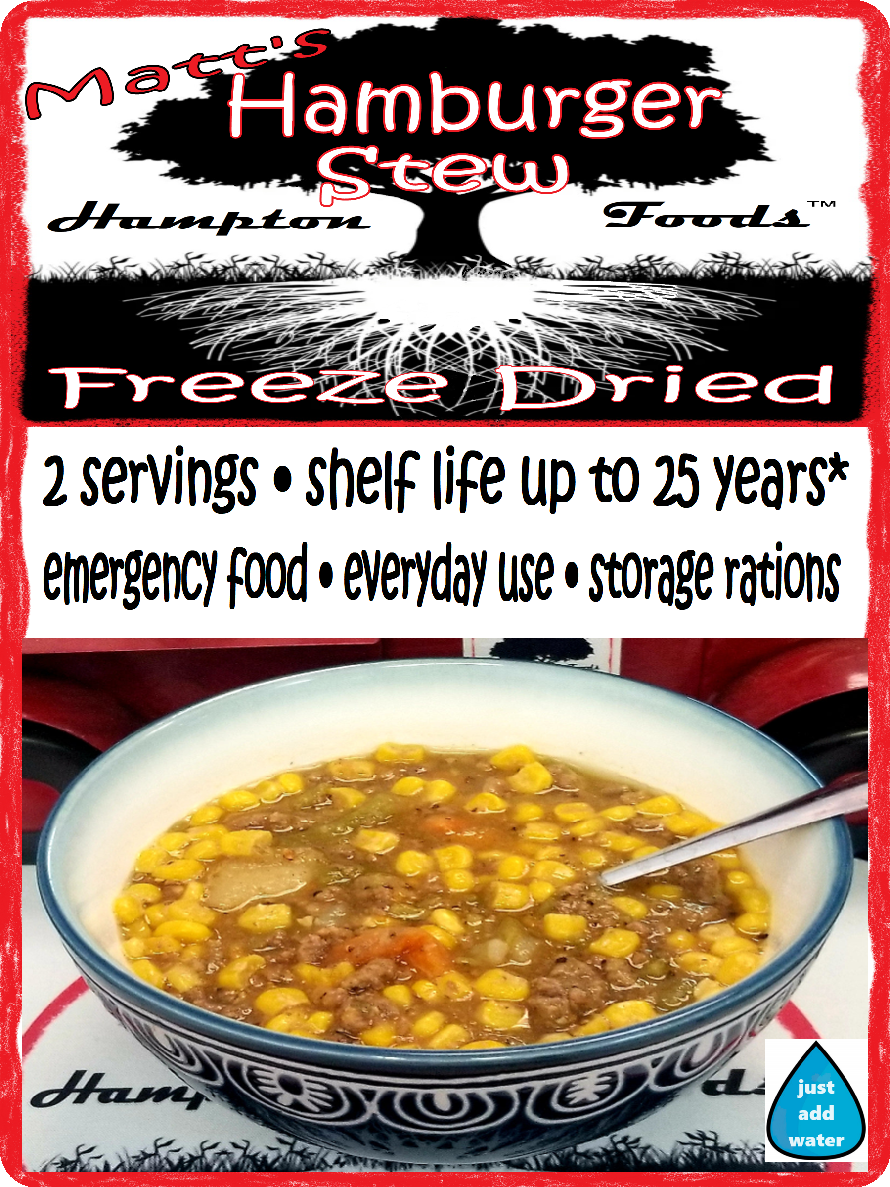 Enjoy the delicious taste of Matt's Hamburger Stew, a hearty freeze-dried meal with ground beef, sweet corn, potatoes, green beans, and carrots. Perfect for trail meals, home-cooked lunches, or long-term storage with a 25-year shelf life. Convenient resealable bags in 2 and 4 servings.