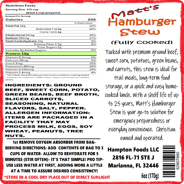 Enjoy the delicious taste of Matt's Hamburger Stew, a hearty freeze-dried meal with ground beef, sweet corn, potatoes, green beans, and carrots. Perfect for trail meals, home-cooked lunches, or long-term storage with a 25-year shelf life. Convenient resealable bags in 2 and 4 servings.