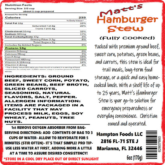 Enjoy the delicious taste of Matt's Hamburger Stew, a hearty freeze-dried meal with ground beef, sweet corn, potatoes, green beans, and carrots. Perfect for trail meals, home-cooked lunches, or long-term storage with a 25-year shelf life. Convenient resealable bags in 2 and 4 servings.