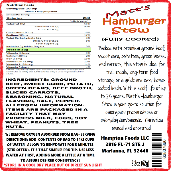 Enjoy the delicious taste of Matt's Hamburger Stew, a hearty freeze-dried meal with ground beef, sweet corn, potatoes, green beans, and carrots. Perfect for trail meals, home-cooked lunches, or long-term storage with a 25-year shelf life. Convenient resealable bags in 2 and 4 servings.