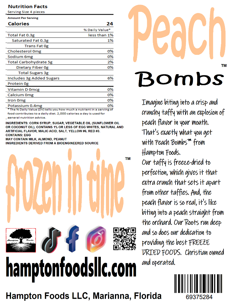 Attention all candy lovers! Introducing Peach Bombs™, the most delicious salt water taffy you'll ever taste! Imagine biting into a crisp and crunchy taffy with an explosion of peach flavor in your mouth. That's exactly what you get with Peach Bombs™ from Hampton Foods. Our taffy is freeze-dried to perfection.