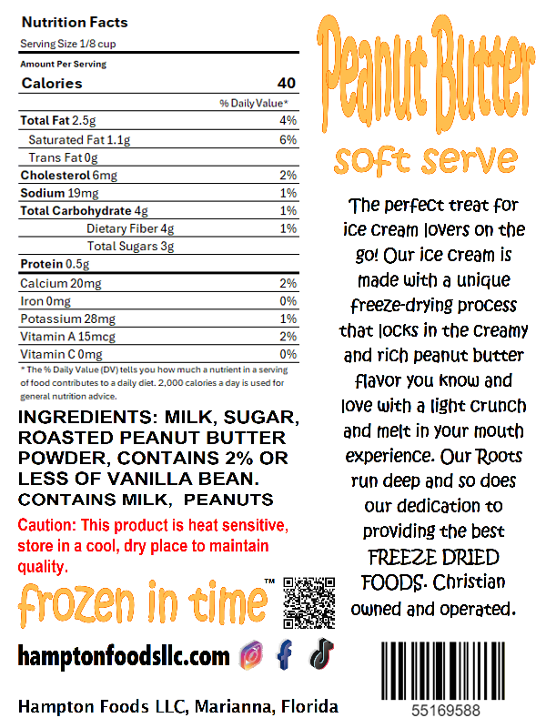 Indulge in the Ultimate Gourmet Treat Anytime, Anywhere! Craving a luxurious dessert but don't want to deal with melting ice cream or the hassle of refrigeration? Look no further than Hampton Foods' Peanut Butter Freeze Dried Ice Cream; rich, creamy goodness of traditional peanut butter ice cream.