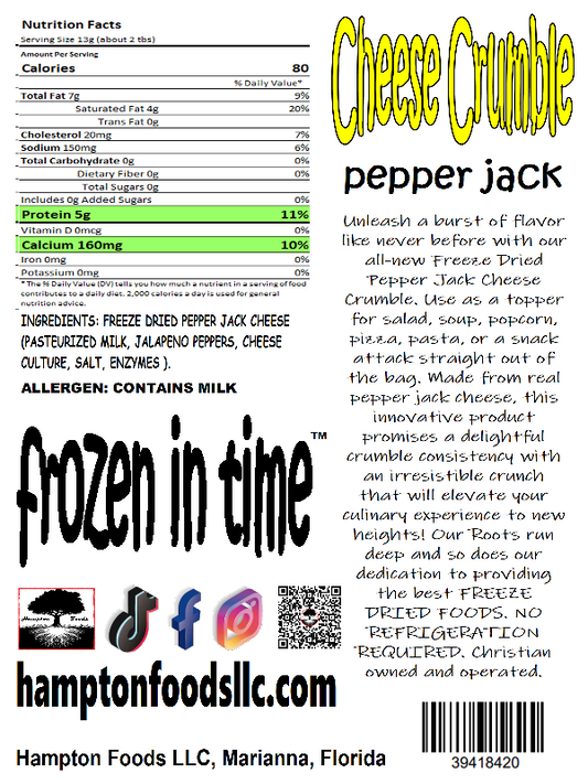 Pepper Jack Cheese Crumble! Unleash a burst of flavor like never before with our all-new Freeze Dried Pepper Jack Cheese Crumble. Made from real pepper jack cheese, this innovative product promises a delightful crumble consistency with an irresistible crunch that will elevate your culinary experience to new heights! 