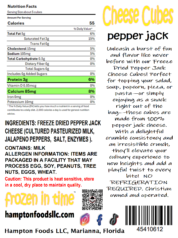 Experience the fun and flavor of our Freeze Dried Pepper Jack Cheese Cubes! Made from 100% pepper jack cheese, these crunchy cubes are perfect for topping salads, soups, pizza, or as a delicious snack. Elevate your meals with a delightful crumble and intense taste in every bite!