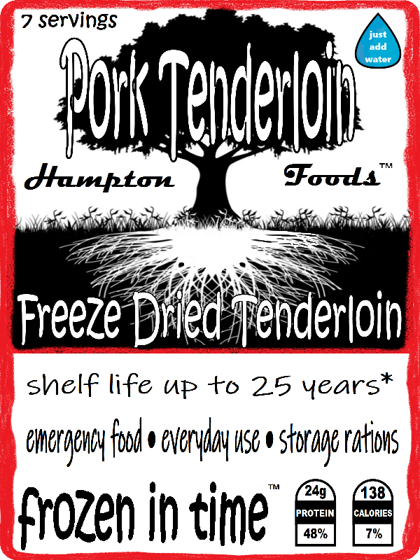 Hampton Foods': Freeze Dried Pork Tenderloin with All-Natural Hickory Smoke Flavor! Looking for a premium solution to your everyday meals, emergency preparedness, or long-term food storage needs? Look no further than Hampton Foods' Freeze Dried Pork Tenderloin, infused with the irresistible taste of all-natural hickory smoke!