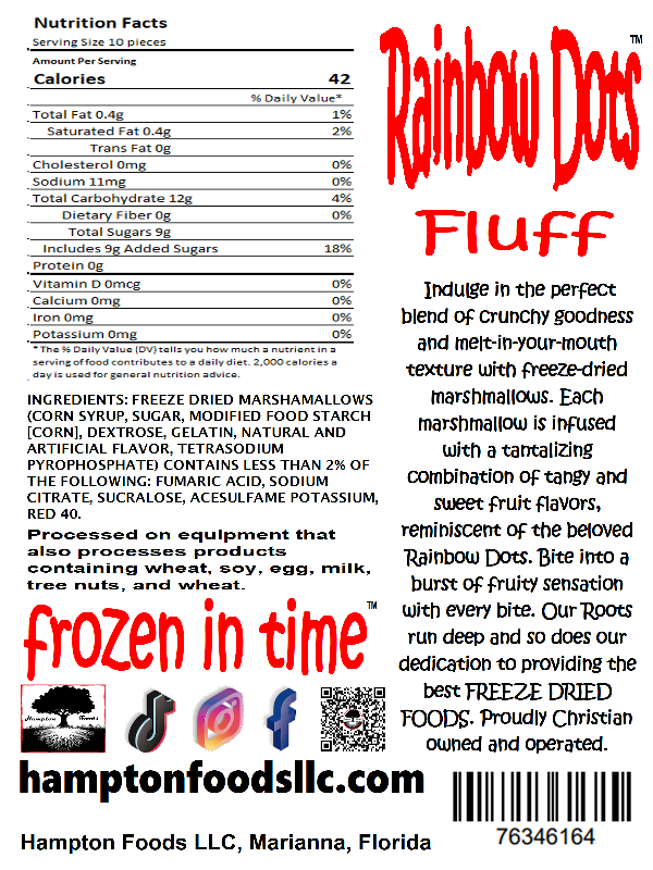 Rainbow Dots Fluff! Indulge in the perfect blend of crunchy goodness and melt-in-your-mouth texture with freeze-dried marshmallows and Rainbow Dots flavor. Crafted with a vanilla base flavor, each marshmallow is infused with a combination of tangy and sweet fruit flavors, reminiscent of the beloved Rainbow Dots. 