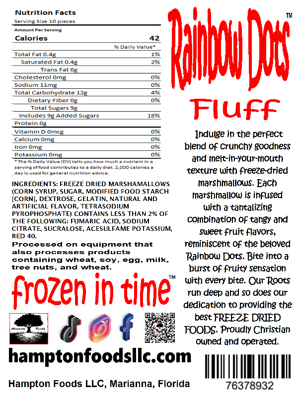 Rainbow Dots Fluff! Indulge in the perfect blend of crunchy goodness and melt-in-your-mouth texture with freeze-dried marshmallows and Rainbow Dots flavor. Crafted with a vanilla base flavor, each marshmallow is infused with a combination of tangy and sweet fruit flavors, reminiscent of the beloved Rainbow Dots. 