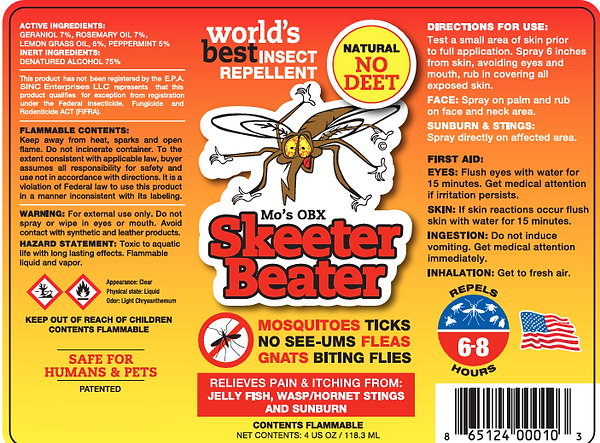 Original Skeeter Beater Spray, the perfect solution to keep those bugs away! All Natural - NO DEET formula is safe for you and your family, while effectively repelling mosquitos, ticks, no-see-ums, gnats, chiggers, fleas, biting flies and also relieves pain and itching from jelly fish, wasp/hornet stings and sunburn.