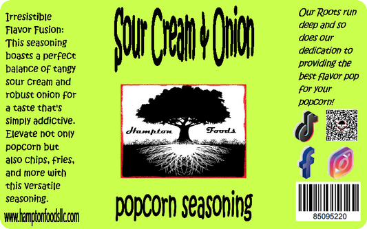 Elevate your popcorn experience with Hampton Foods' NEW Sour Cream & Onion Popcorn Seasoning! Indulge in the perfect blend of tangy sour cream and savory onion flavors. Transform your movie nights and snacks into a gourmet affair. Dive into a world of flavor with Hampton Foods' – Sour Cream & Onion Popcorn Seasoning! 