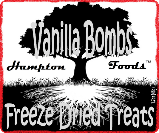 Hampton Foods' Vanilla Bombs! This innovative freeze-dried delicacy takes gourmet saltwater taffy to a whole new level. A rich vanilla flavor that will tantalize your taste buds. What sets Vanilla Bombs apart is their unique texture—a perfect blend of a light crunch and a melt-in-your-mouth experience. 