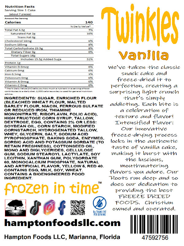 Introducing Twinkles by Hampton Foods! Experience the irresistible crunch of our latest sensation: Twinkles! We've taken the beloved creme-filled vanilla cake and transformed it into a light, crunchy delight with an intense flavor that will have your taste buds dancing with delight. 