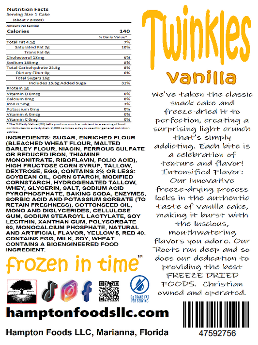 Introducing Twinkles by Hampton Foods! Experience the irresistible crunch of our latest sensation: Twinkles! We've taken the beloved creme-filled vanilla cake and transformed it into a light, crunchy delight with an intense flavor that will have your taste buds dancing with delight. 