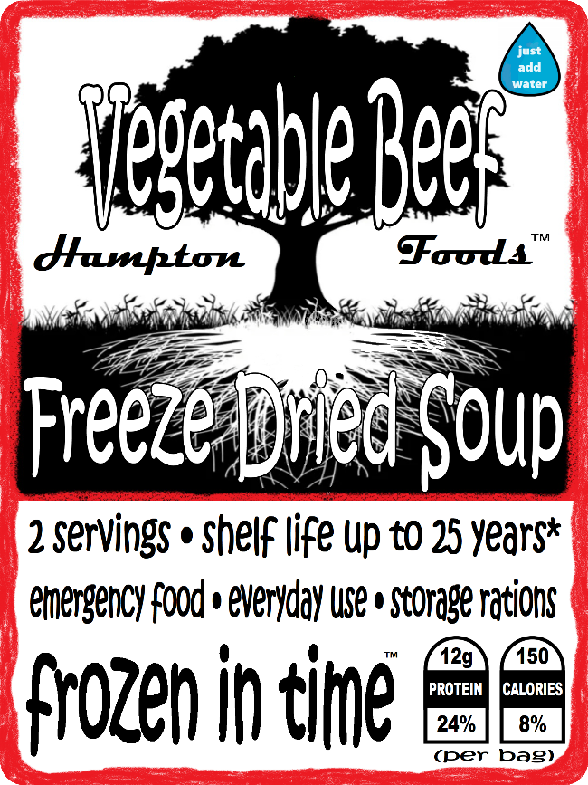 Hampton Foods Freeze Dried Vegetable Beef Soup! Our Vegetable Beef Soup is packed with flavor and nutrients to satisfy your hunger any time, anywhere. Our soup starts with ground beef as the first ingredient, paired with a medley of pasta, long-grain rice, barley, lentils, carrots, peas, potatoes, and spices. 