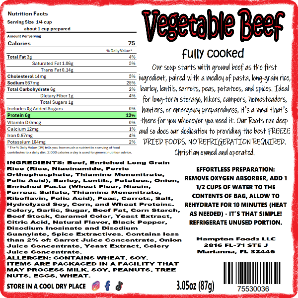 Hampton Foods Freeze Dried Vegetable Beef Soup! Our Vegetable Beef Soup is packed with flavor and nutrients to satisfy your hunger any time, anywhere. Our soup starts with ground beef as the first ingredient, paired with a medley of pasta, long-grain rice, barley, lentils, carrots, peas, potatoes, and spices. 