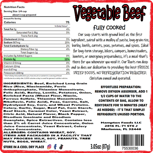 Hampton Foods Freeze Dried Vegetable Beef Soup! Our Vegetable Beef Soup is packed with flavor and nutrients to satisfy your hunger any time, anywhere. Our soup starts with ground beef as the first ingredient, paired with a medley of pasta, long-grain rice, barley, lentils, carrots, peas, potatoes, and spices. 