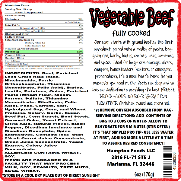 Hampton Foods Freeze Dried Vegetable Beef Soup! Our Vegetable Beef Soup is packed with flavor and nutrients to satisfy your hunger any time, anywhere. Our soup starts with ground beef as the first ingredient, paired with a medley of pasta, long-grain rice, barley, lentils, carrots, peas, potatoes, and spices. 