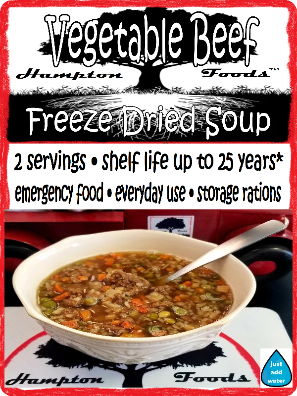 Hampton Foods Freeze Dried Vegetable Beef Soup! Our Vegetable Beef Soup is packed with flavor and nutrients to satisfy your hunger any time, anywhere. Our soup starts with ground beef as the first ingredient, paired with a medley of pasta, long-grain rice, barley, lentils, carrots, peas, potatoes, and spices. 