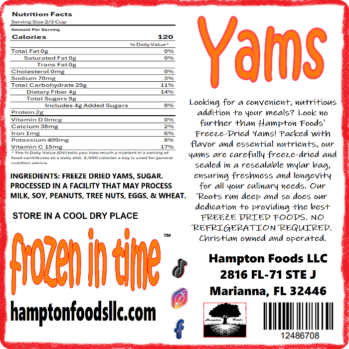 Freeze-Dried Yams: Your Perfect Pantry Staple for Every Occasion! Hampton Foods' Freeze-Dried Yams are packed with flavor and essential nutrients, our yams are carefully freeze-dried and sealed in a resealable mylar bag, ensuring freshness and longevity for all your culinary needs.