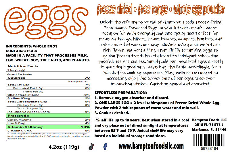 Unlock the culinary potential of Hampton Foods Freeze-Dried Free Range Powdered Eggs in your kitchen, mom's secret weapon for both everyday and emergency use! Perfect for moms on-the-go, hikers, homesteaders, campers, hunters, and everyone in between, our eggs elevate every dish with their rich flavor and versatility.