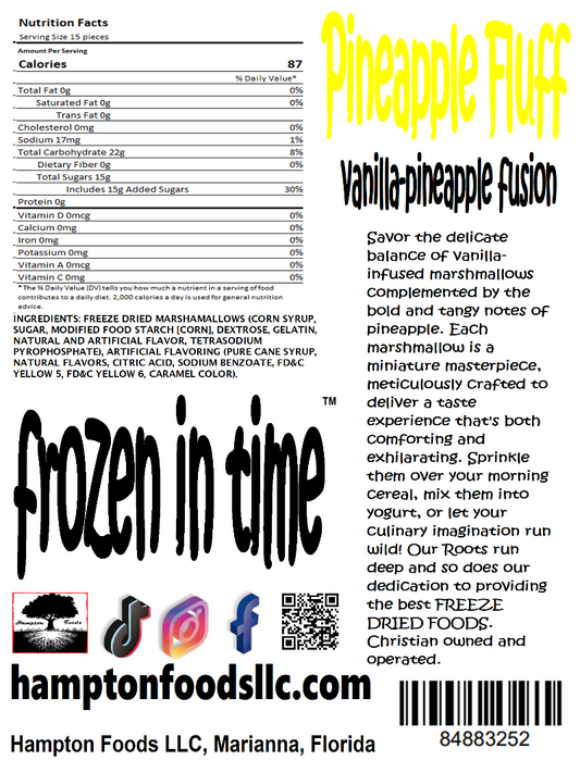 Indulge in a Symphony of Flavor with Hampton Foods' Pineapple Fluff! Freeze Dried Magic! Introducing the perfect marriage of vanilla marshmallows with a burst of pineapple goodness! We've taken the classic allure of vanilla marshmallows and infused them with the tropical essence of pineapple. 