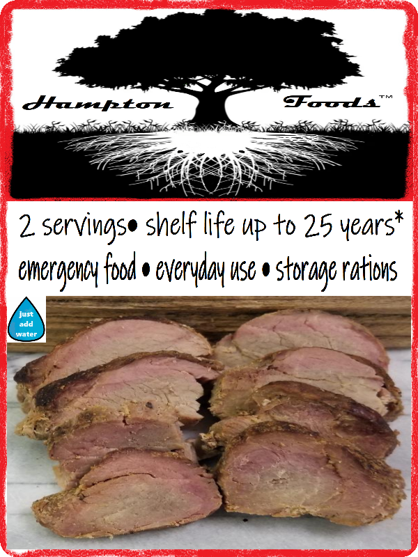 Hampton Foods': Freeze Dried Pork Tenderloin with All-Natural Hickory Smoke Flavor! Looking for a premium solution to your everyday meals, emergency preparedness, or long-term food storage needs? Look no further than Hampton Foods' Freeze Dried Pork Tenderloin, infused with the irresistible taste of all-natural hickory smoke!