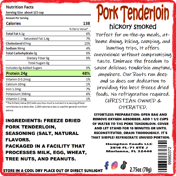 Hampton Foods': Freeze Dried Pork Tenderloin with All-Natural Hickory Smoke Flavor! Looking for a premium solution to your everyday meals, emergency preparedness, or long-term food storage needs? Look no further than Hampton Foods' Freeze Dried Pork Tenderloin, infused with the irresistible taste of all-natural hickory smoke!