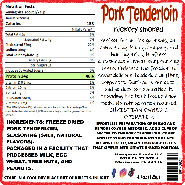 Hampton Foods': Freeze Dried Pork Tenderloin with All-Natural Hickory Smoke Flavor! Looking for a premium solution to your everyday meals, emergency preparedness, or long-term food storage needs? Look no further than Hampton Foods' Freeze Dried Pork Tenderloin, infused with the irresistible taste of all-natural hickory smoke!