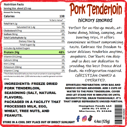 Hampton Foods': Freeze Dried Pork Tenderloin with All-Natural Hickory Smoke Flavor! Looking for a premium solution to your everyday meals, emergency preparedness, or long-term food storage needs? Look no further than Hampton Foods' Freeze Dried Pork Tenderloin, infused with the irresistible taste of all-natural hickory smoke!