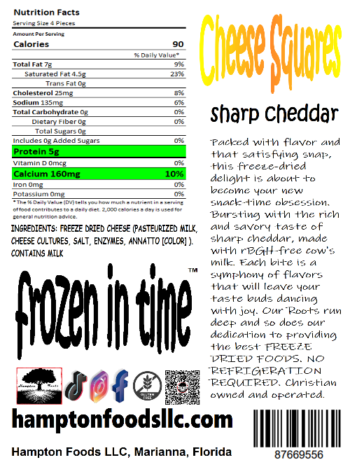 Hampton Foods' Sharp Cheddar Cheese Squares! Are you ready to elevate your snacking game to a whole new level? Look no further than Hampton Foods' brand-new creation – Sharp Cheddar Cheese Squares! Packed with flavor and that satisfying snap, this freeze-dried delight is about to become your new snack-time obsession. 